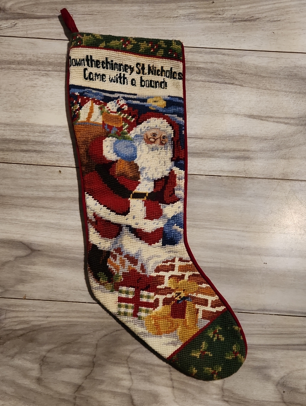 19" Vintage Wool/Cotton Needlepoint Christmas Stocking